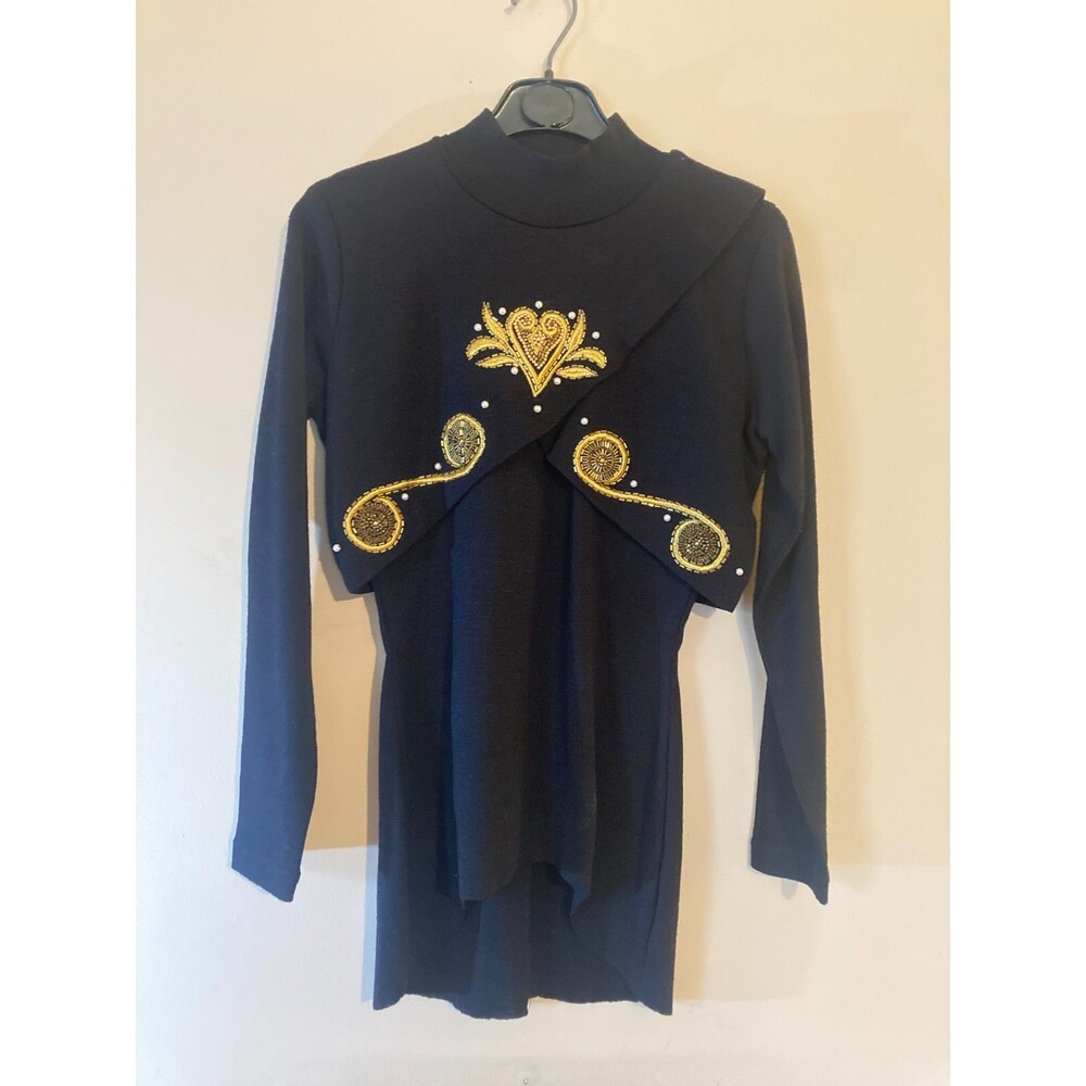 Unique VTG Black Dress Gold Embroidered w/Full Sleeves- size S - ONE OF A KIND